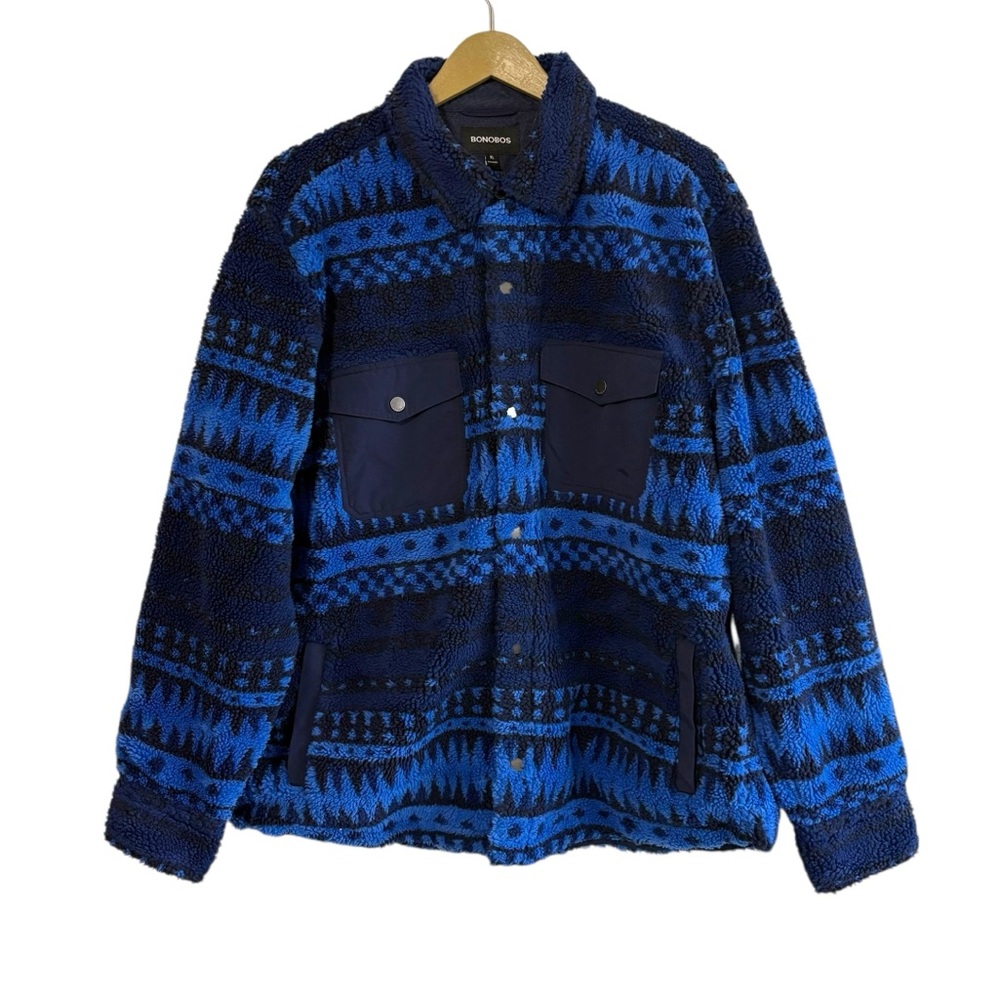 BONOBOS Men’s XL Blue Fair Isle Teddy Fleece Jacket Western Southwestern‎ Hippie